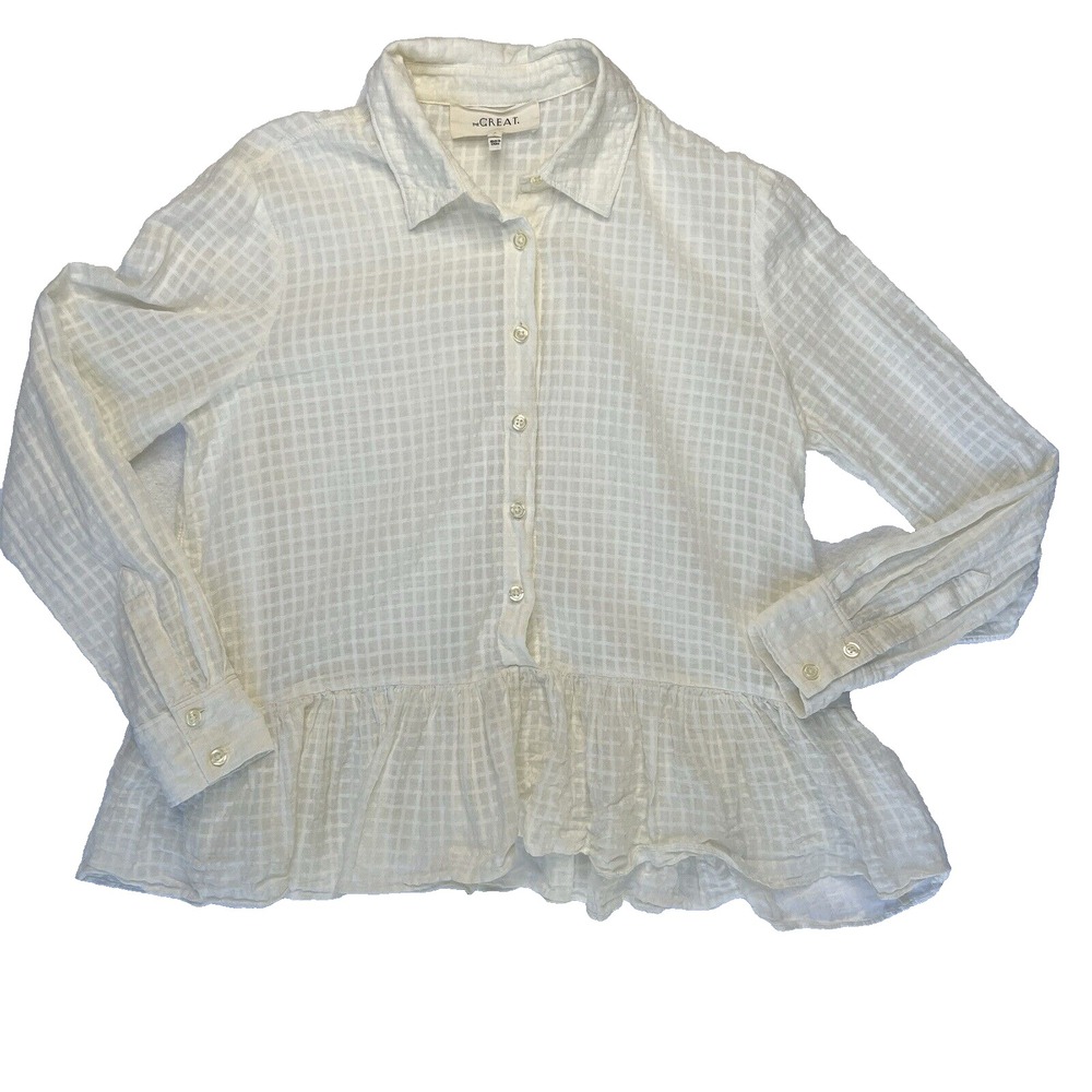 THE GREAT. Beige Dobby Dot Ruffle Oxford Peplum Blouse Sz 0 Coquette Cottagecore